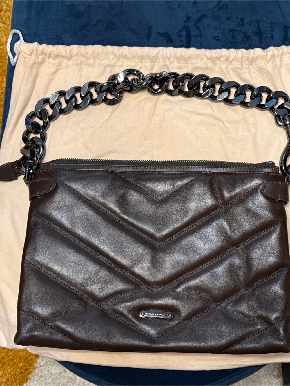 Rebecca Minkoff Edie Women’s Dark Brown Leather Shoulder Bag with Chain Strap - Picture 4 of 9